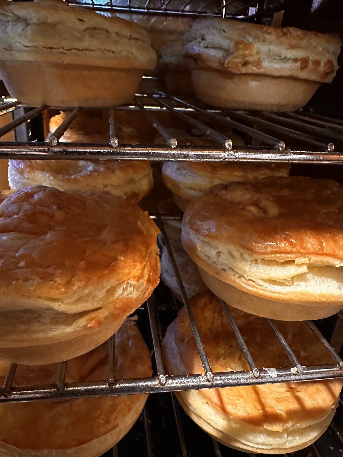Golden warm pies in the cabinet